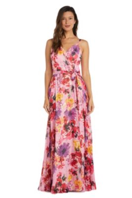 Long Floral Print Mock Wrap W Tie Waist And Spaghetti Straps