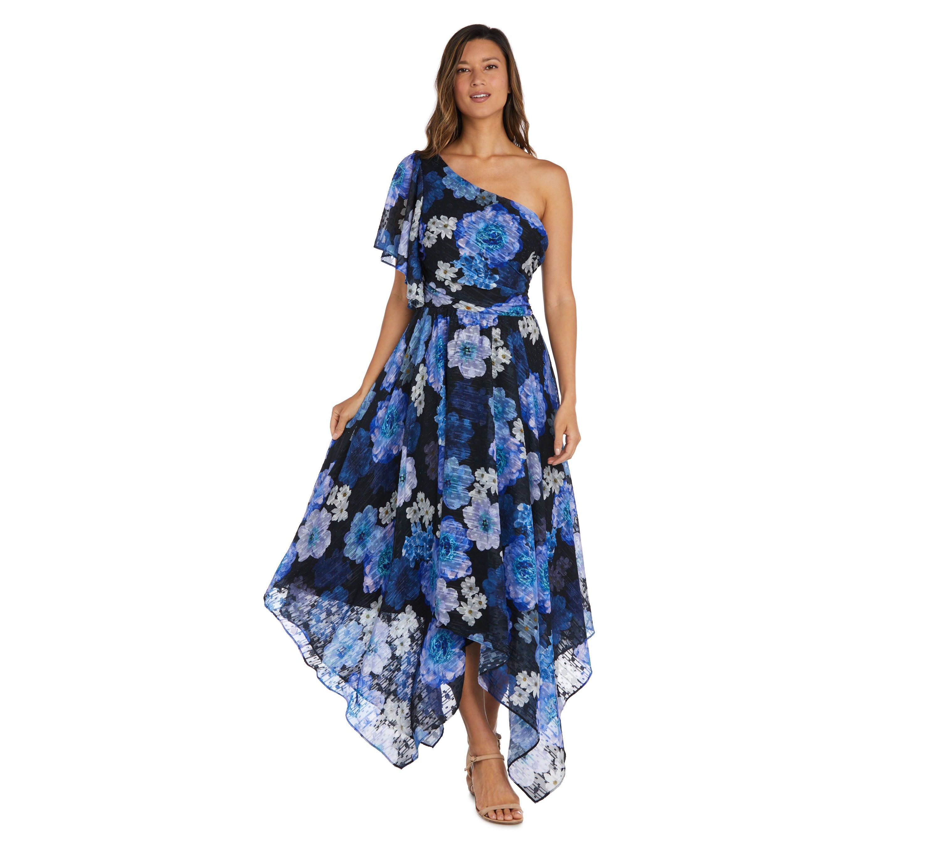 One Shoulder Flutter Sleeve Floral Print W Draped Bodice And Hanky Hem