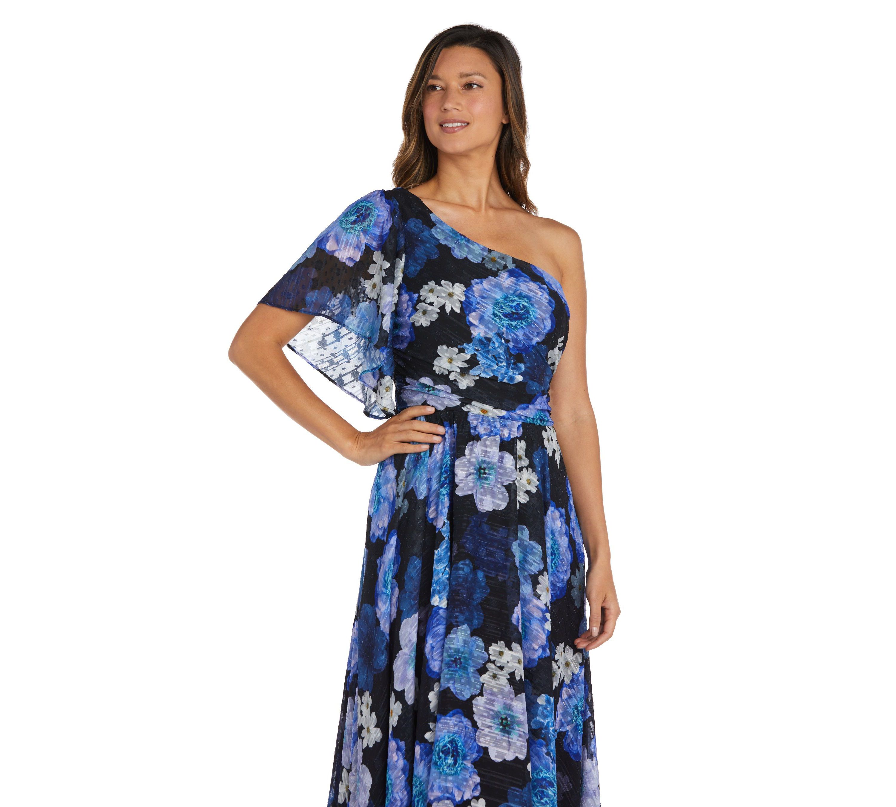 One Shoulder Flutter Sleeve Floral Print W Draped Bodice And Hanky Hem