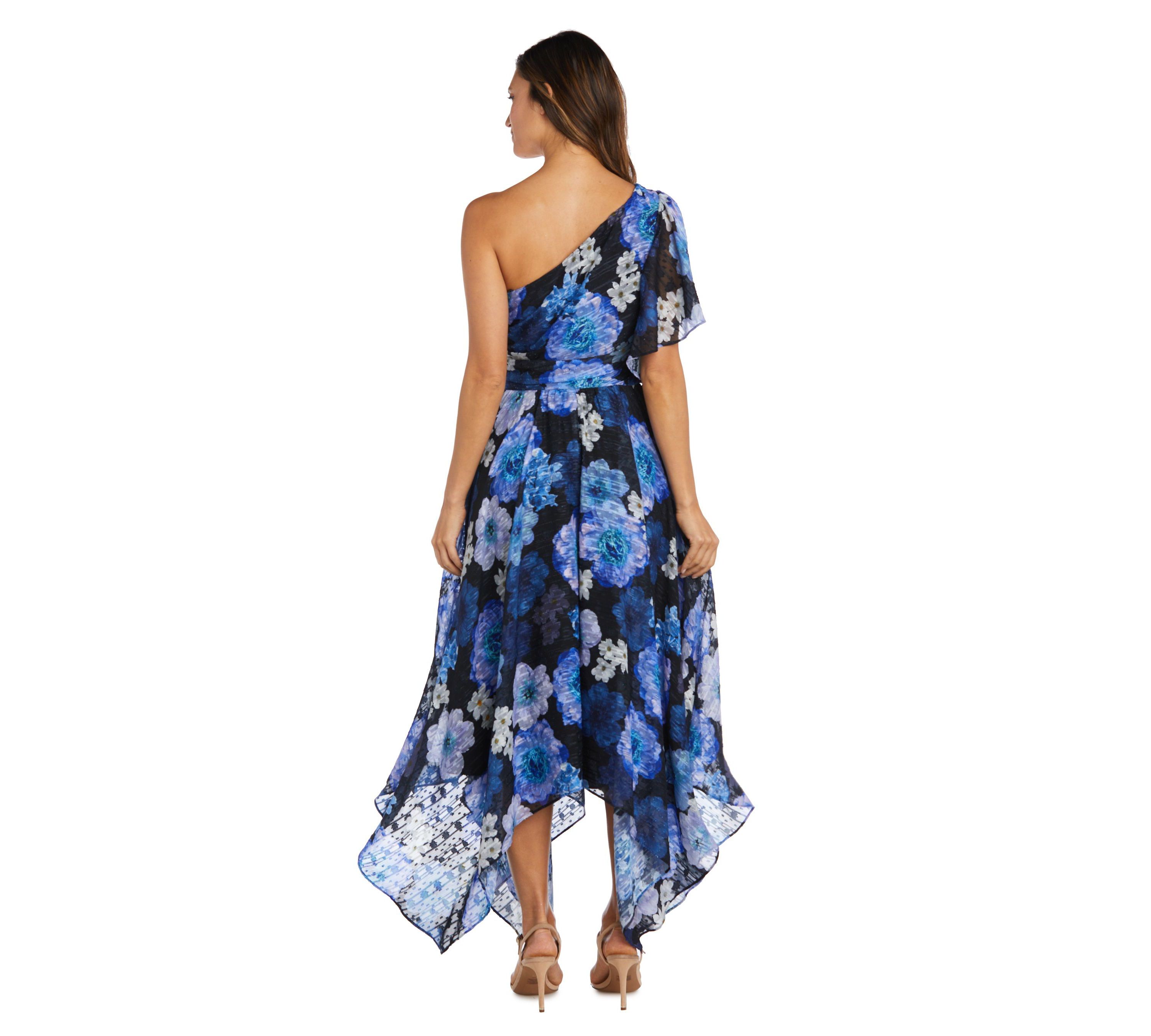 One Shoulder Flutter Sleeve Floral Print W Draped Bodice And Hanky Hem