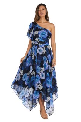 One Shoulder Flutter Sleeve Floral Print W Draped Bodice And Hanky Hem