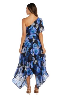 One Shoulder Flutter Sleeve Floral Print W Draped Bodice And Hanky Hem