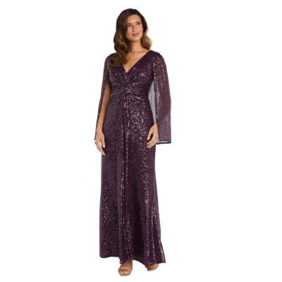 Long Cape Sequin Gown V Front And Gathered Waist Detail