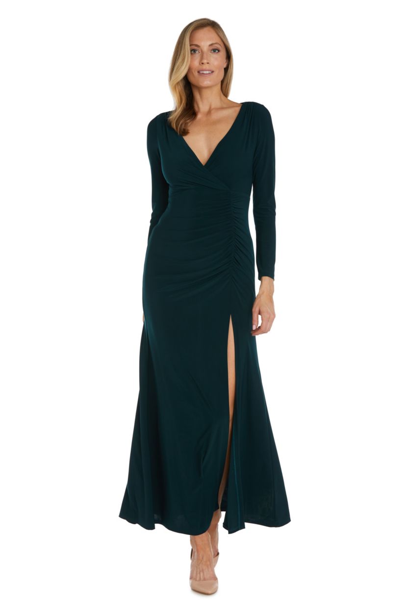 Long Sleeve Long Ity W Mock Wrap Bodice  Side Ruching And Side Slit