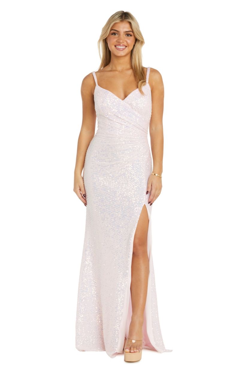 Long All Over Sequin With Mock Wrap Bodice And Side Ruching