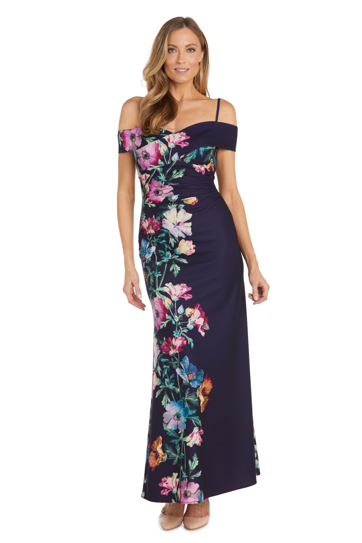 Long Printed Portrait Neckline Scuba Crepe W/Spaghetti Straps