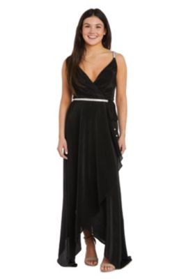 Long Bodre Mock Wrap Front W Rhinestone Spaghetti Straps And Waist Detail