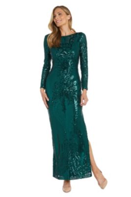 Long Sleeve Wide Neck Patterned Sequin Dress