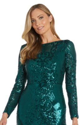 Long Sleeve Wide Neck Patterned Sequin Dress