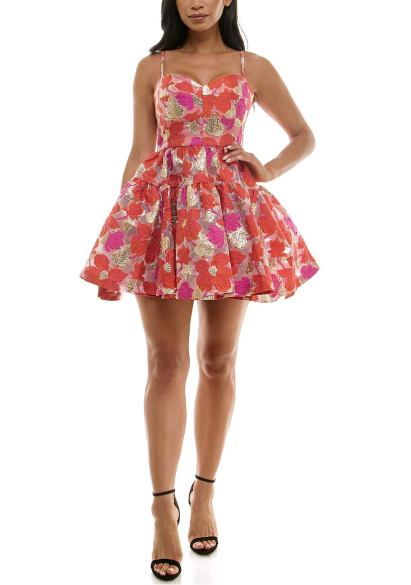 Juniors Floral Jacquard Fit and Flare Dress