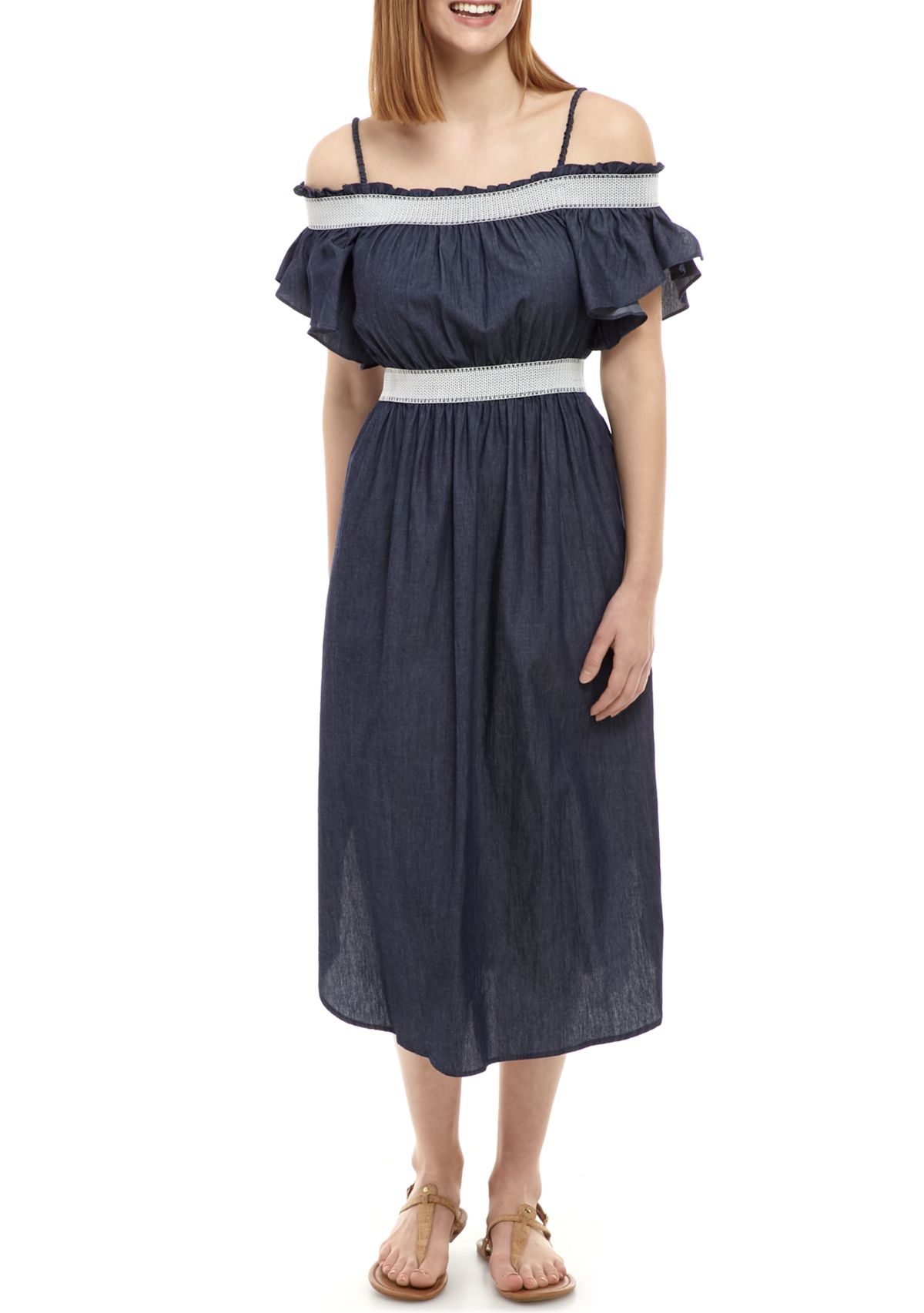 Womens Ruffle Smocked Chambray Dress
