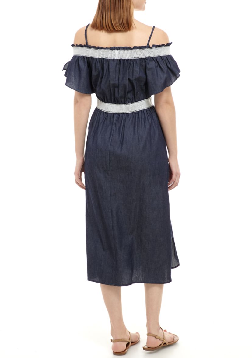 Womens Ruffle Smocked Chambray Dress