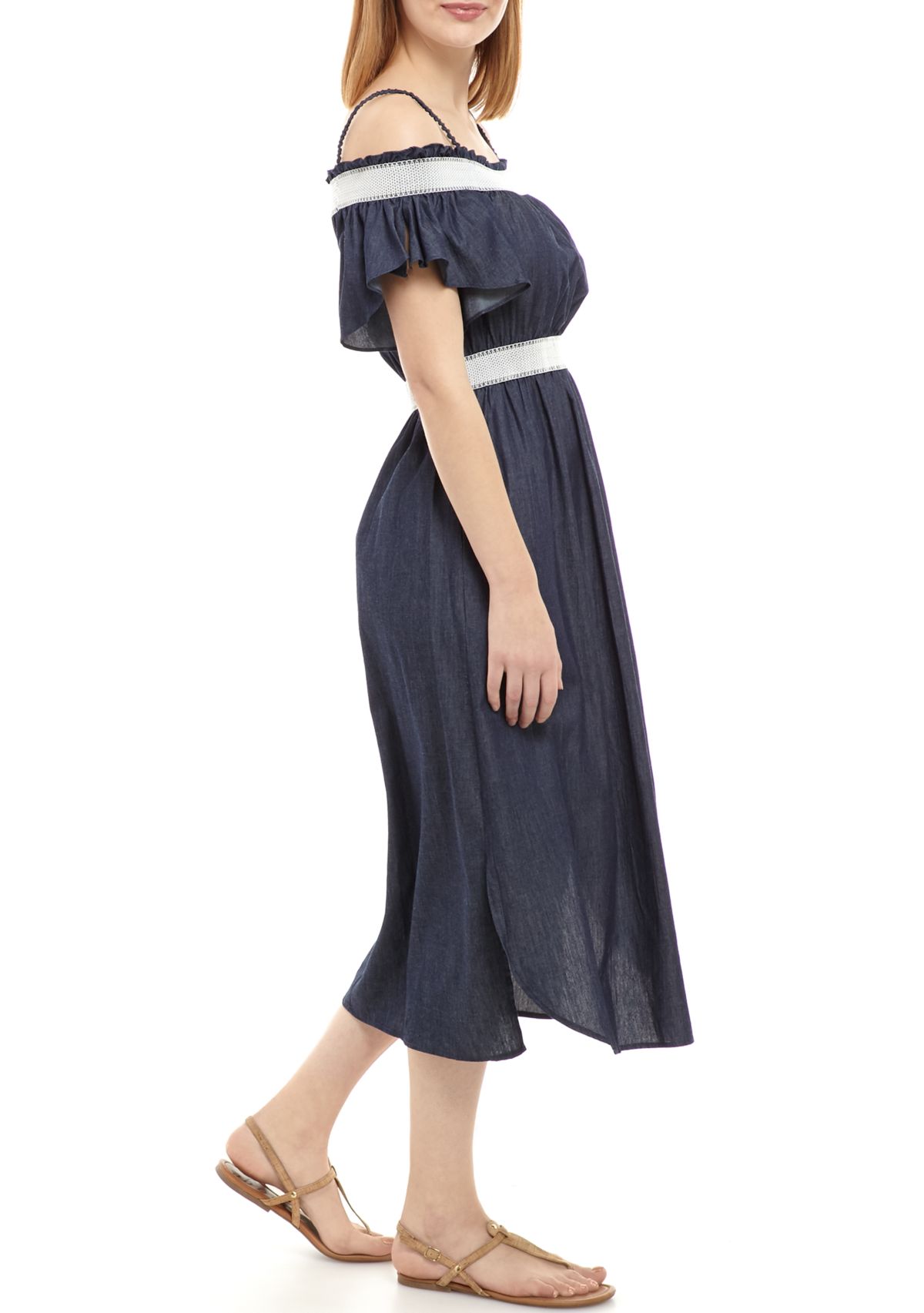 Womens Ruffle Smocked Chambray Dress