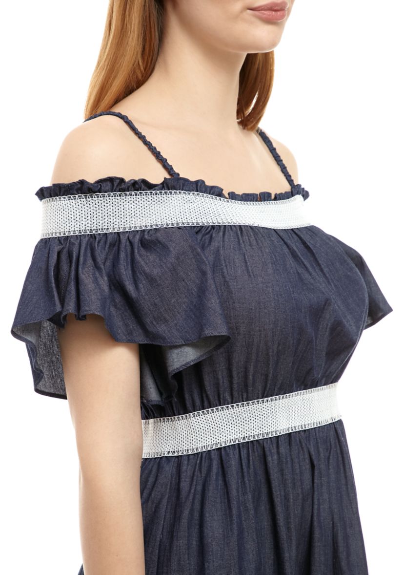 Womens Ruffle Smocked Chambray Dress