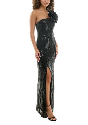 Women's Long One Shoulder Rosette Sequin Gown