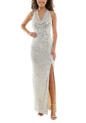 Women's Long Cowl Neck X Back Sequin Halter Gown