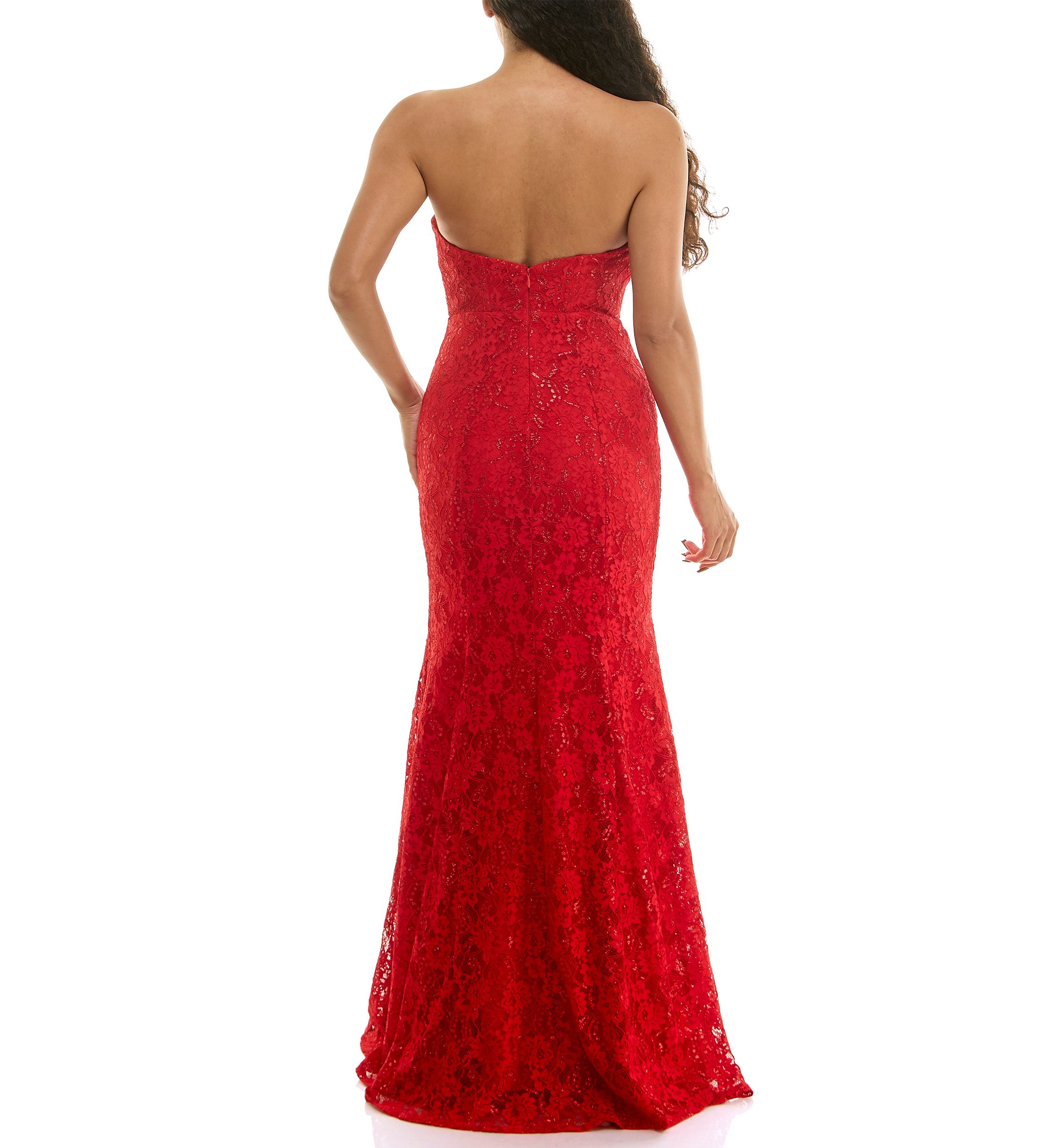 open lace back dress Red Beaded Strapless Prom Dresses Removable Rosette Puffed Sleeve Pageant Dress 25010 Red / US16