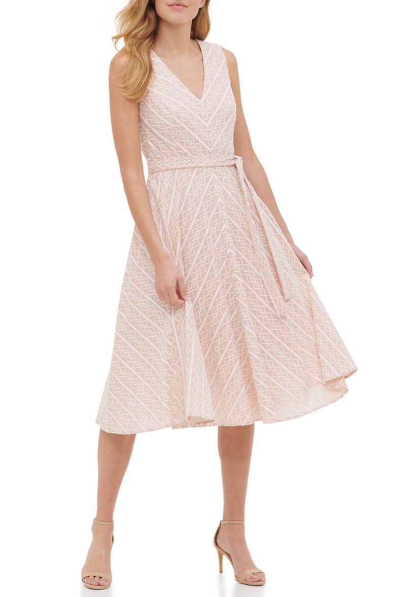 Womens Sleeveless V-Neck Tie Waist Printed Fit and Flare Dress