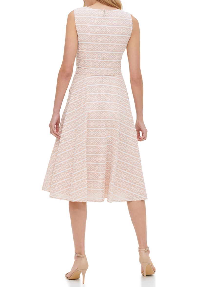 Womens Sleeveless V-Neck Tie Waist Printed Fit and Flare Dress