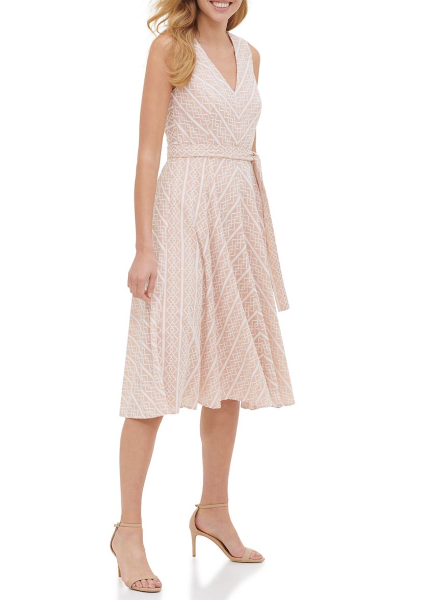 Womens Sleeveless V-Neck Tie Waist Printed Fit and Flare Dress