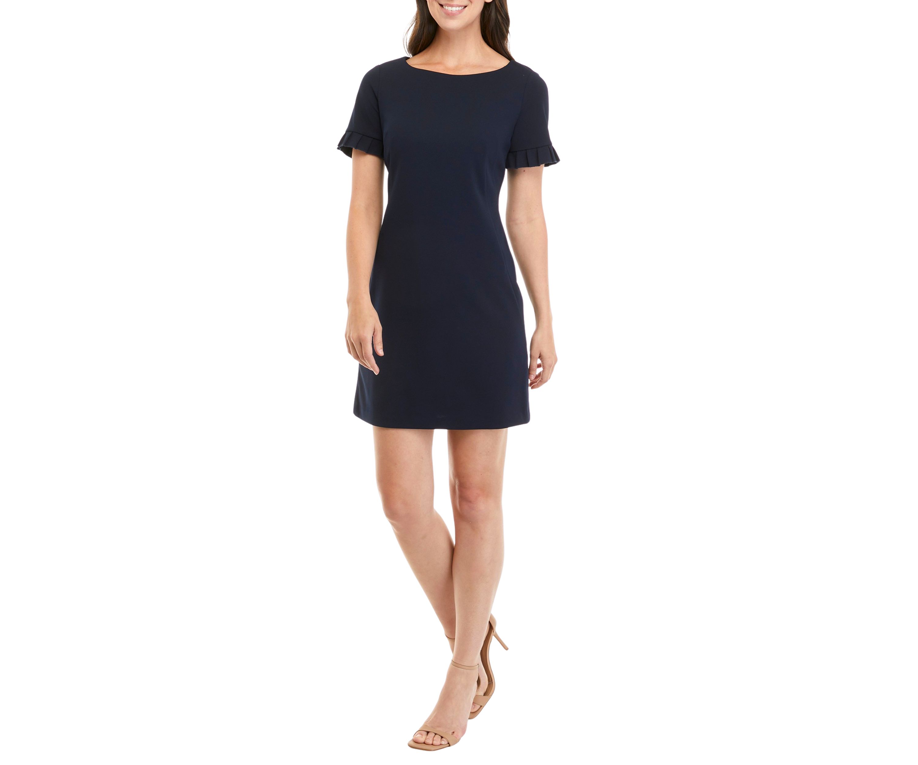 Womens Ruffle Sleeve Solid Scuba Crepe Shift Dress