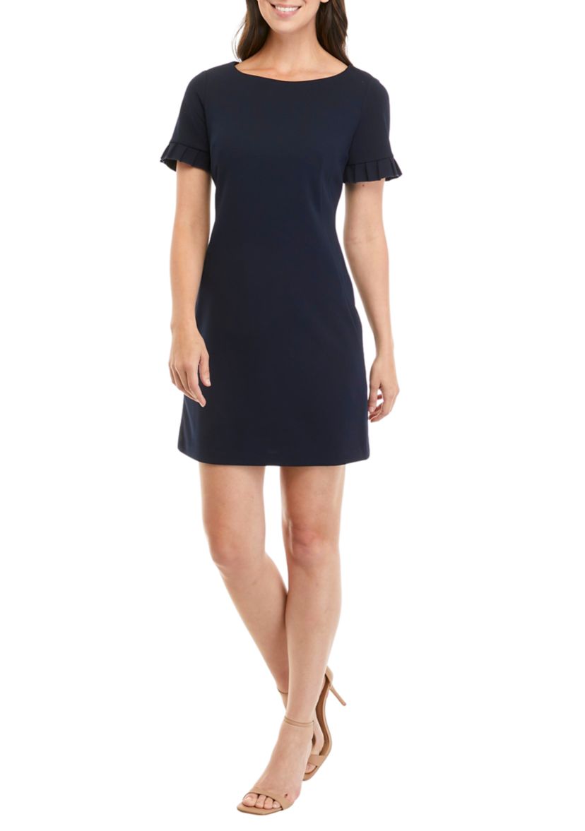 Womens Ruffle Sleeve Solid Scuba Crepe Shift Dress