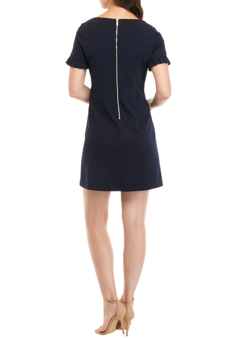 Womens Ruffle Sleeve Solid Scuba Crepe Shift Dress