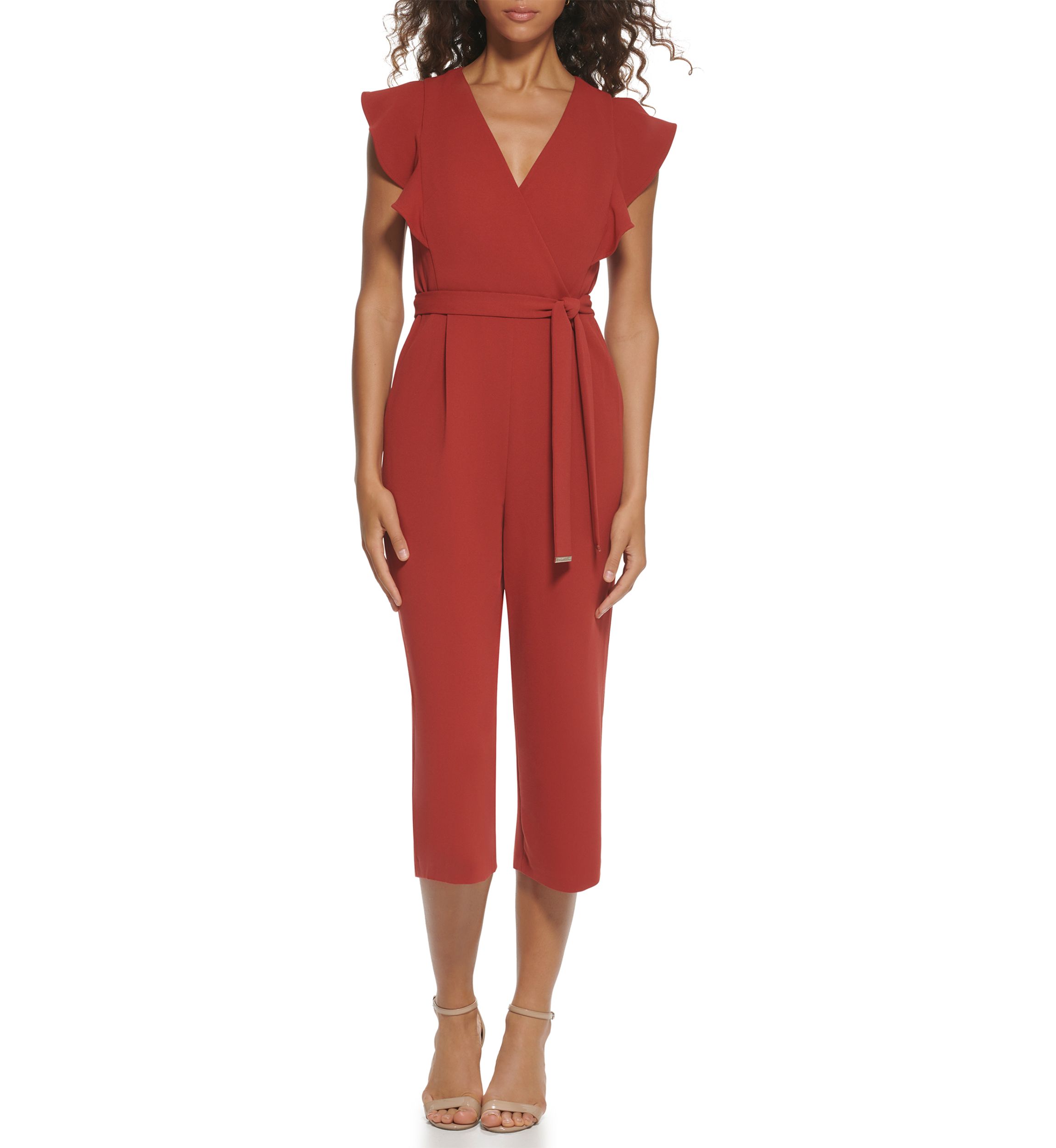 Womens Flutter Sleeve V-Neck Belted Solid Jumpsuit