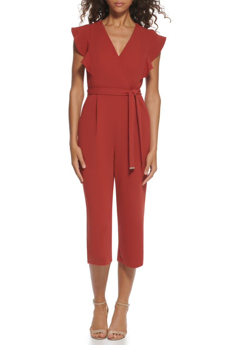 Womens Flutter Sleeve V-Neck Belted Solid Jumpsuit