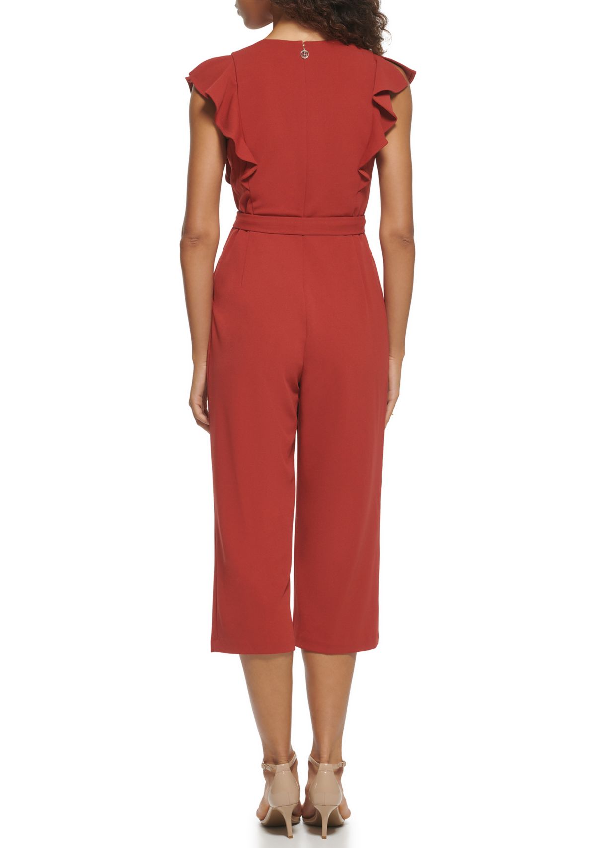 Womens Flutter Sleeve V-Neck Belted Solid Jumpsuit