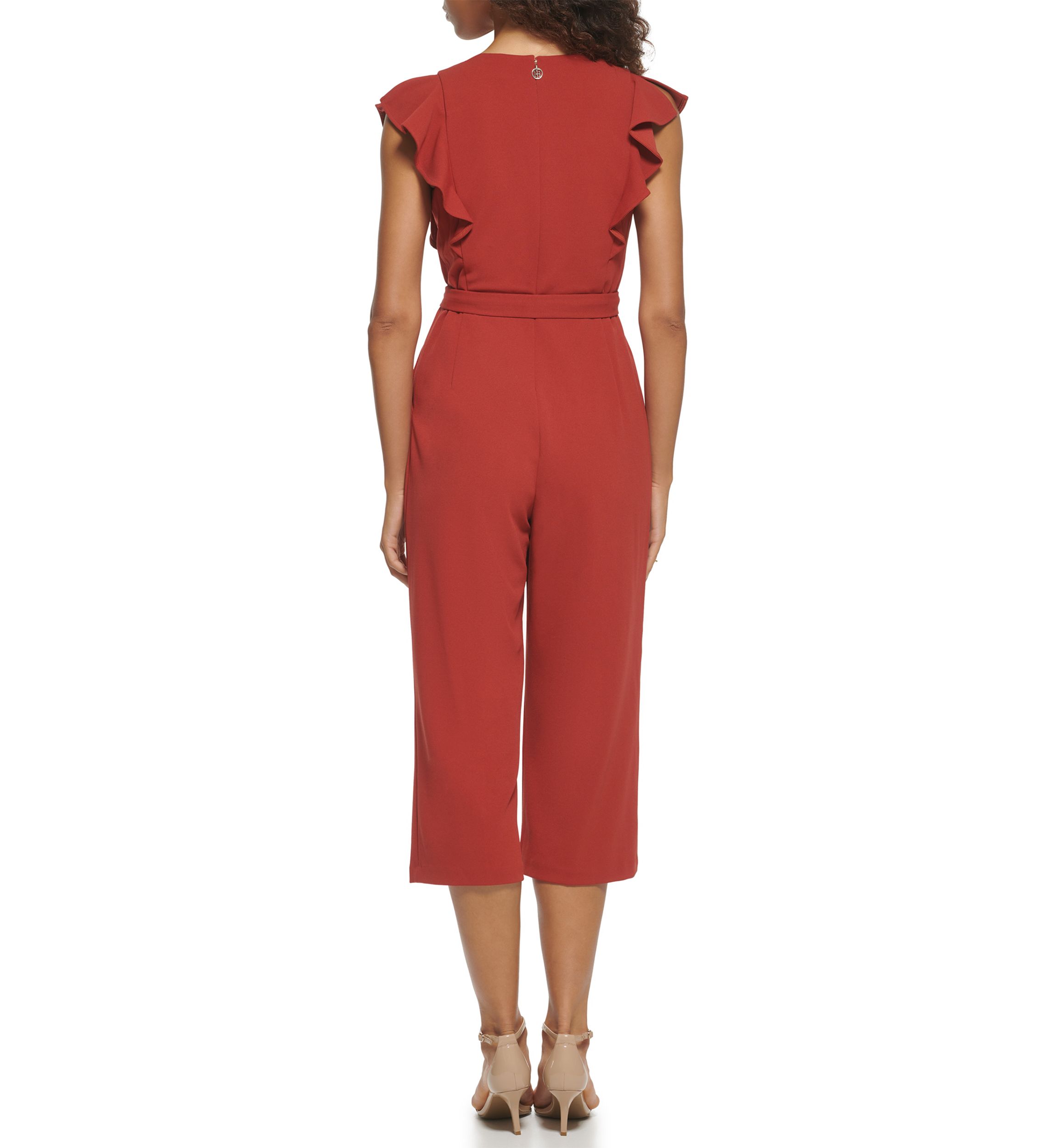 Womens Flutter Sleeve V-Neck Belted Solid Jumpsuit