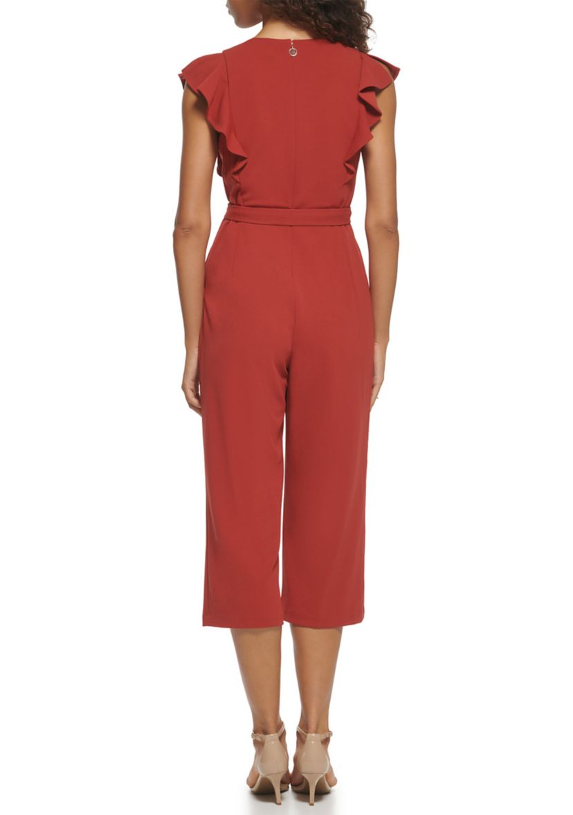 Womens Flutter Sleeve V-Neck Belted Solid Jumpsuit