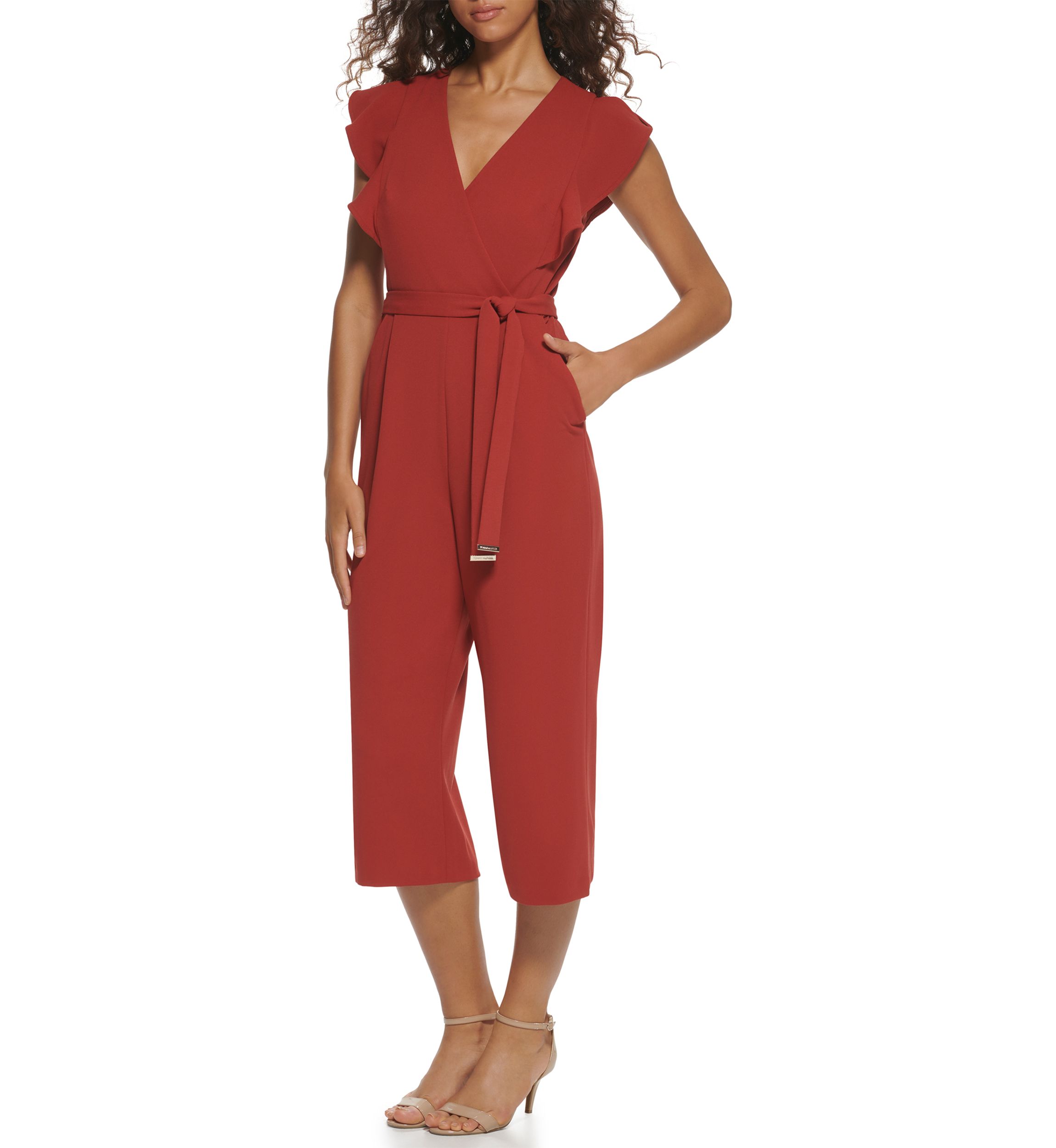 Womens Flutter Sleeve V-Neck Belted Solid Jumpsuit
