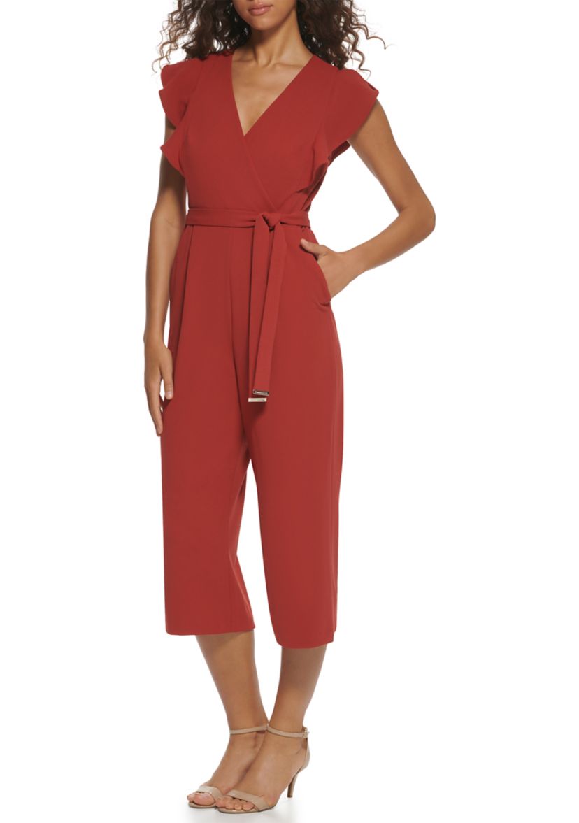 Womens Flutter Sleeve V-Neck Belted Solid Jumpsuit