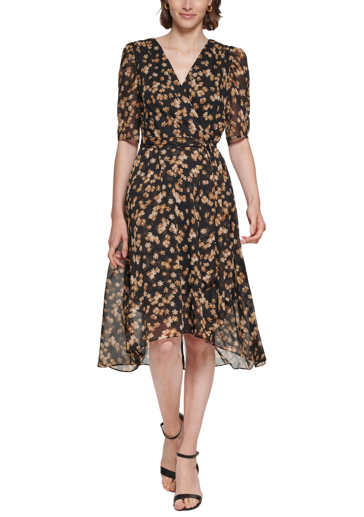 Womens Puff Sleeve Floral Chiffon Fit and Flare Dress