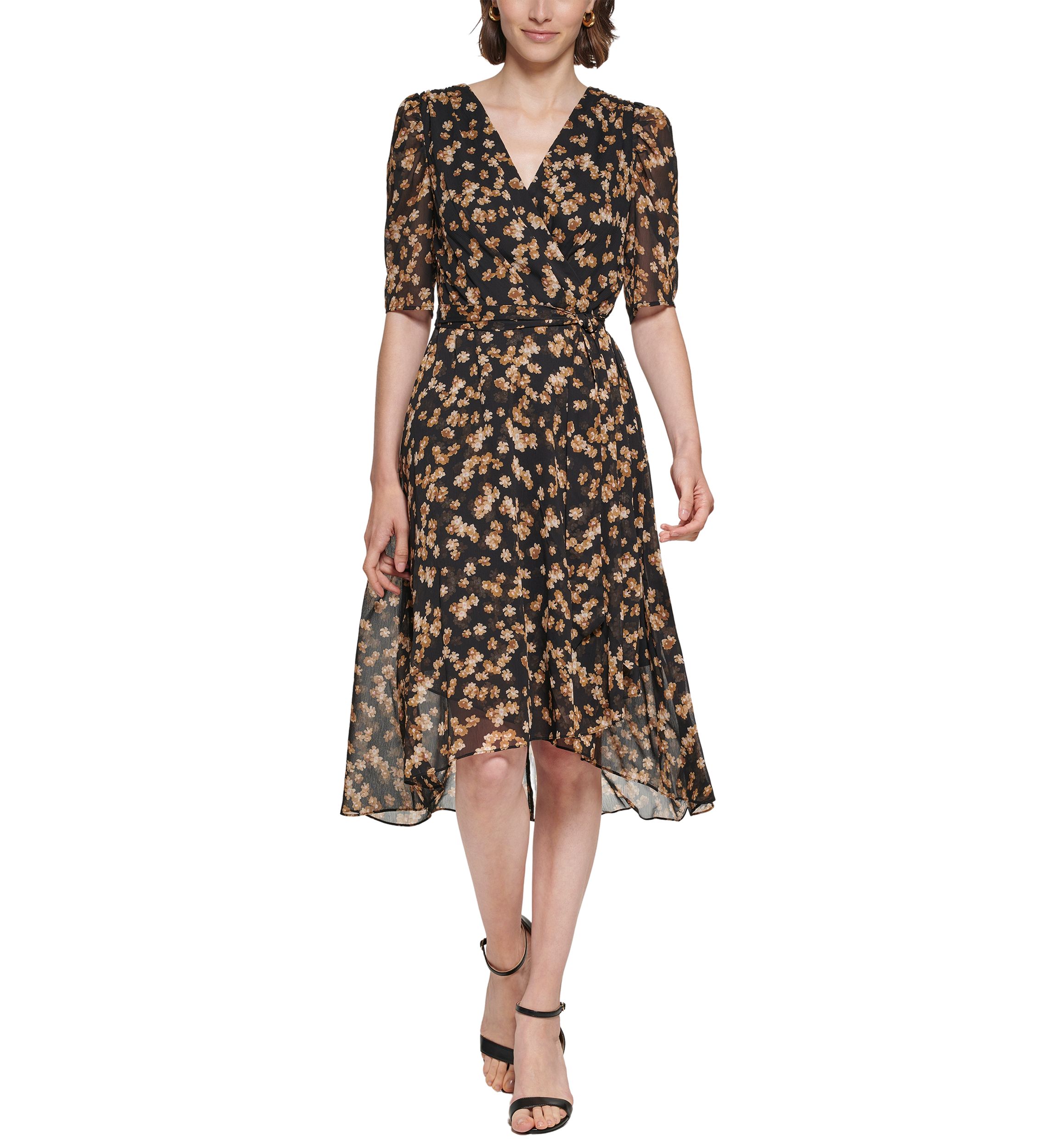 Womens Puff Sleeve Floral Chiffon Fit and Flare Dress