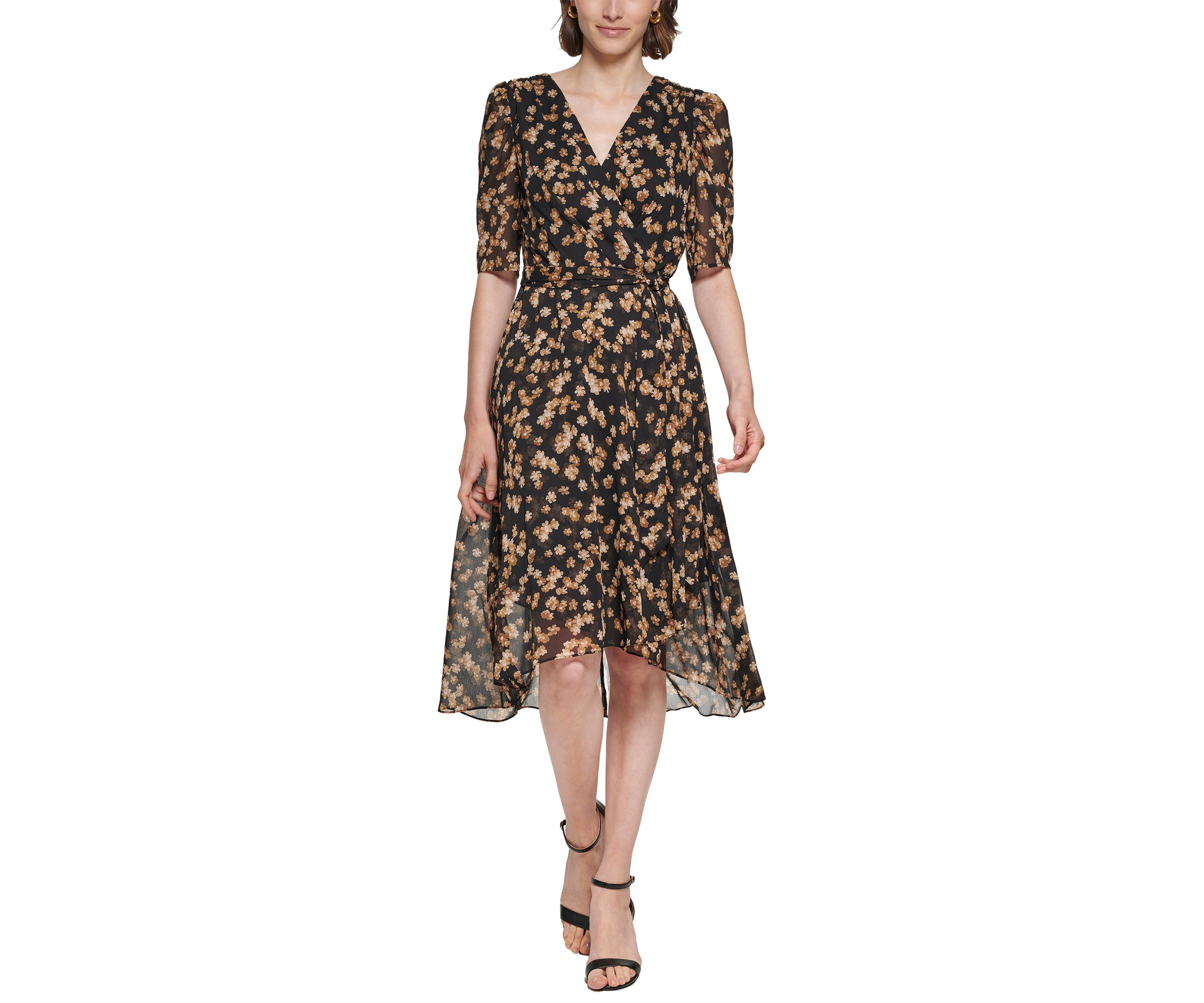 Womens Puff Sleeve Floral Chiffon Fit and Flare Dress