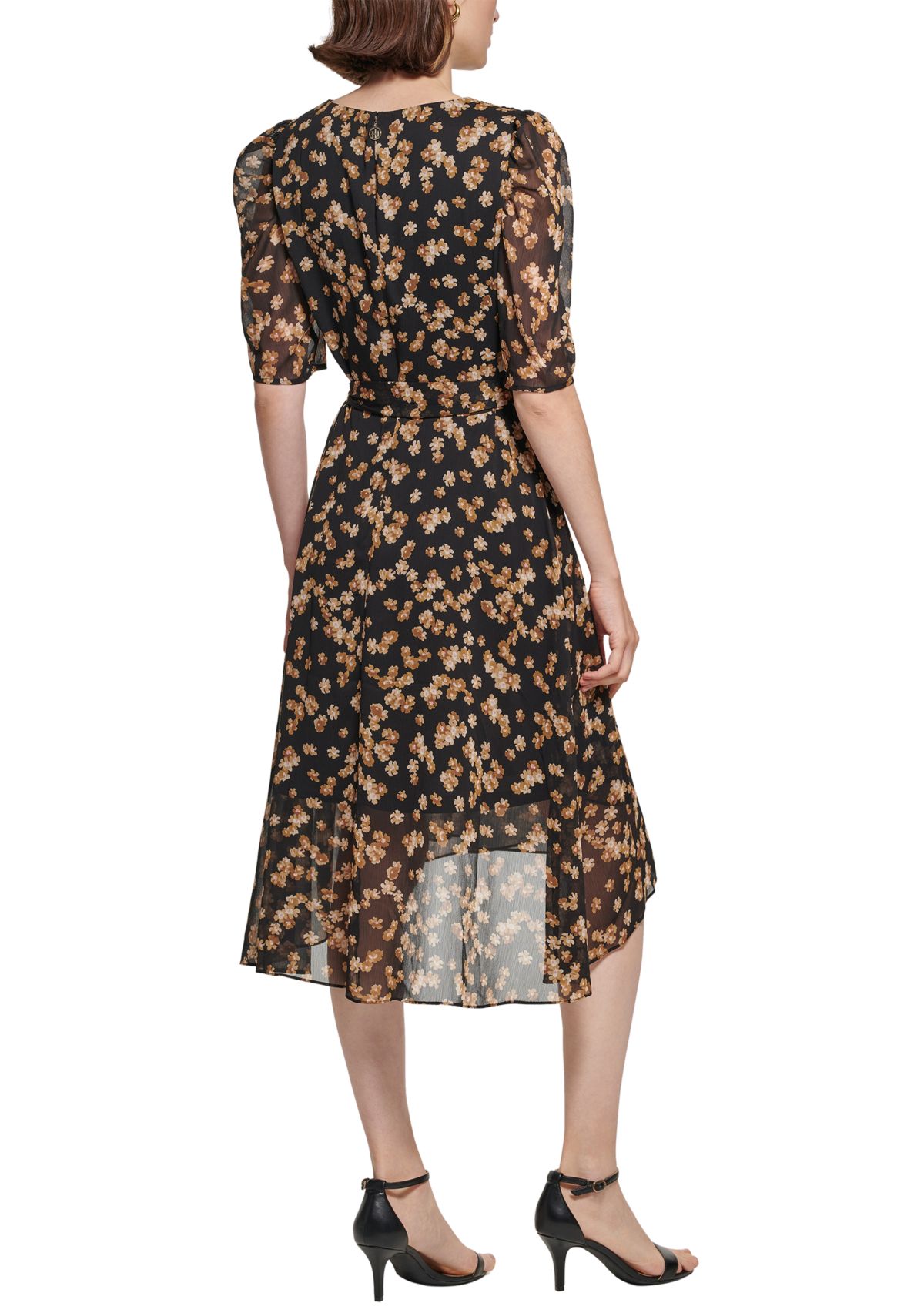 Womens Puff Sleeve Floral Chiffon Fit and Flare Dress
