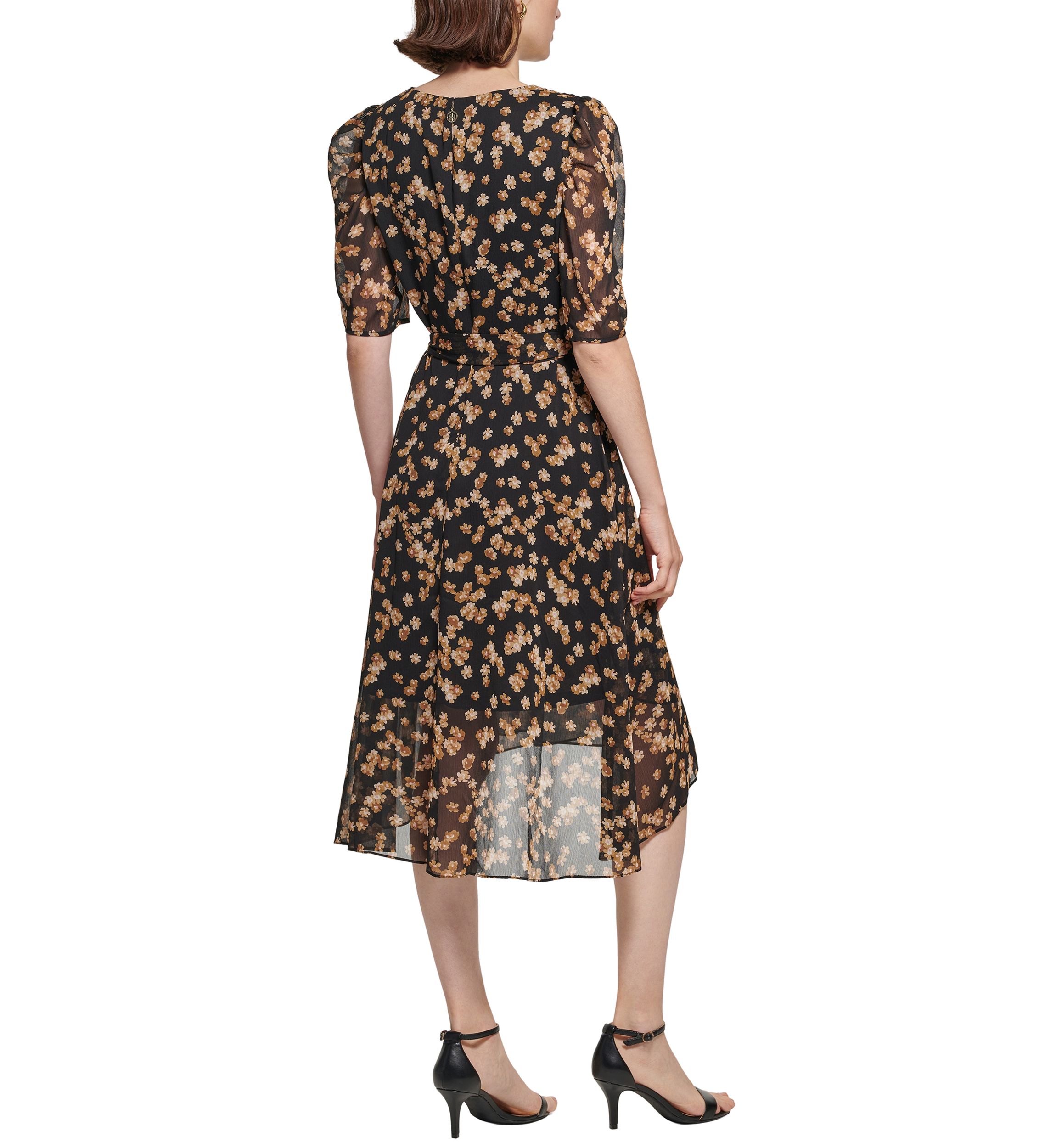 Womens Puff Sleeve Floral Chiffon Fit and Flare Dress