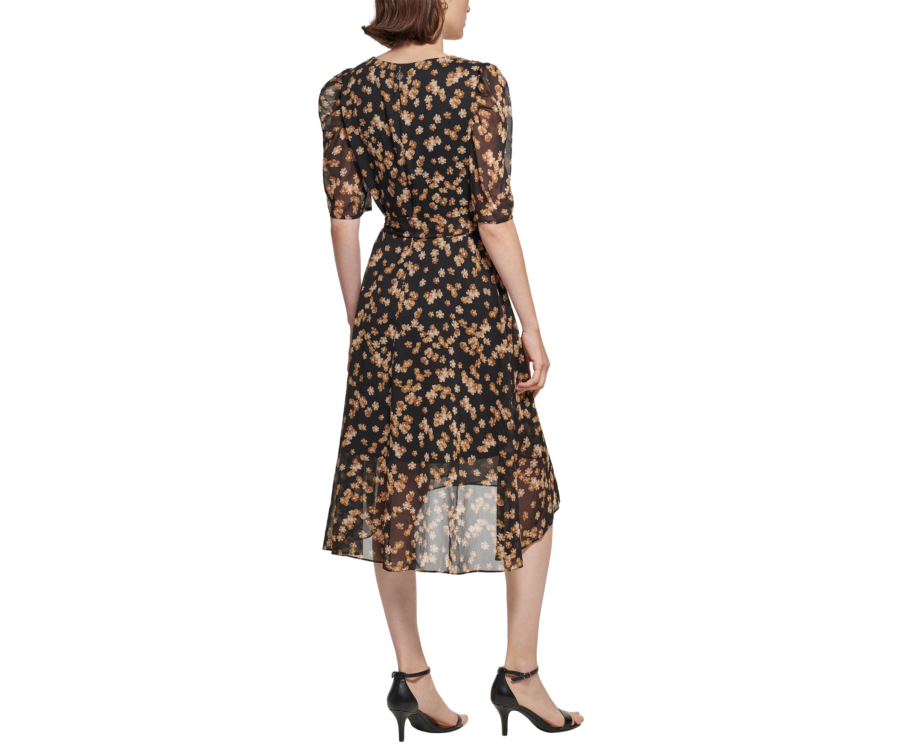 Womens Puff Sleeve Floral Chiffon Fit and Flare Dress