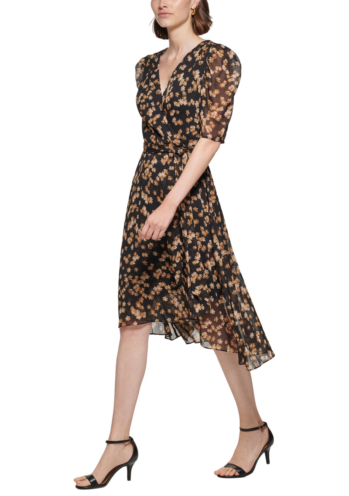 Womens Puff Sleeve Floral Chiffon Fit and Flare Dress