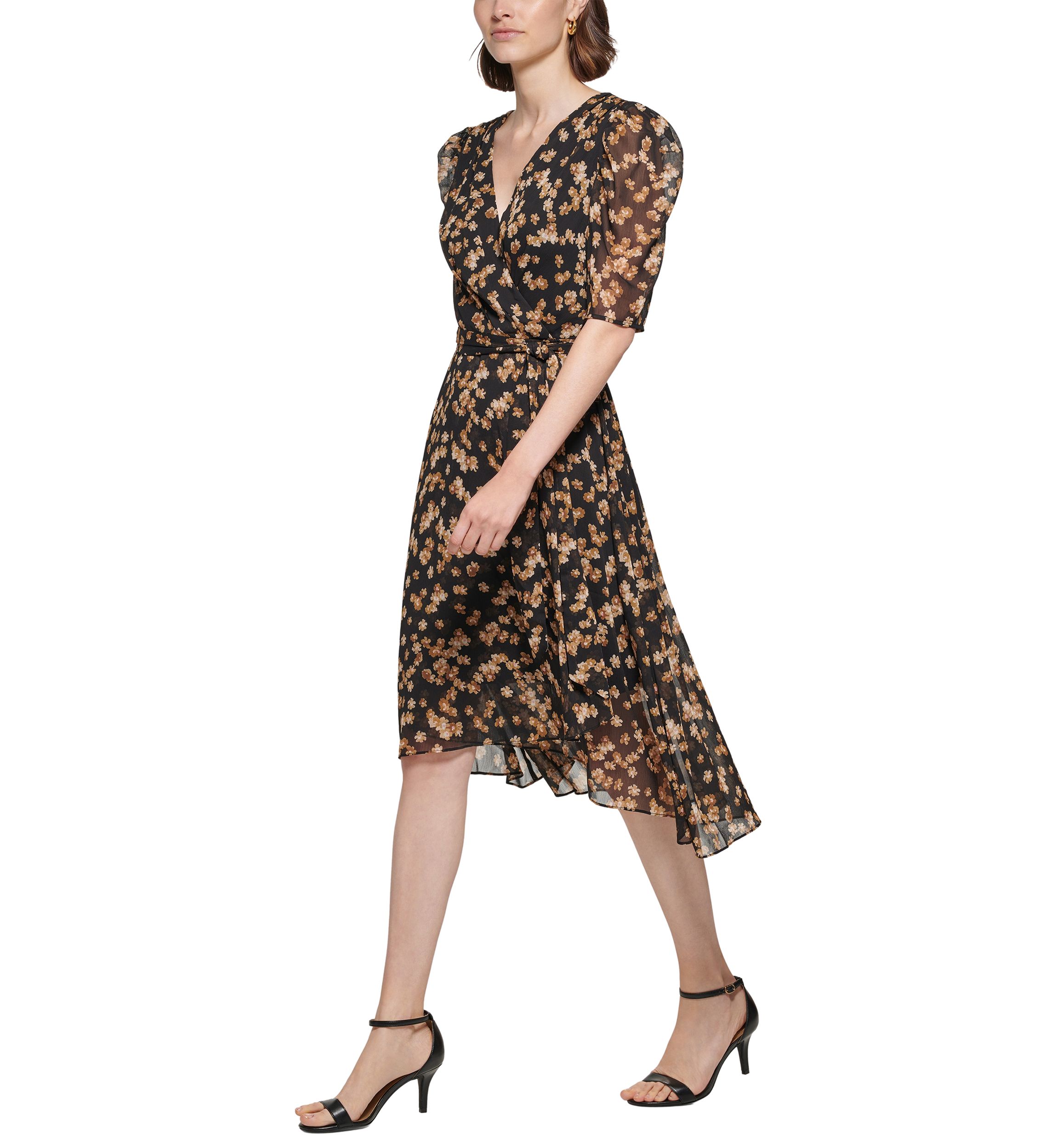 Womens Puff Sleeve Floral Chiffon Fit and Flare Dress