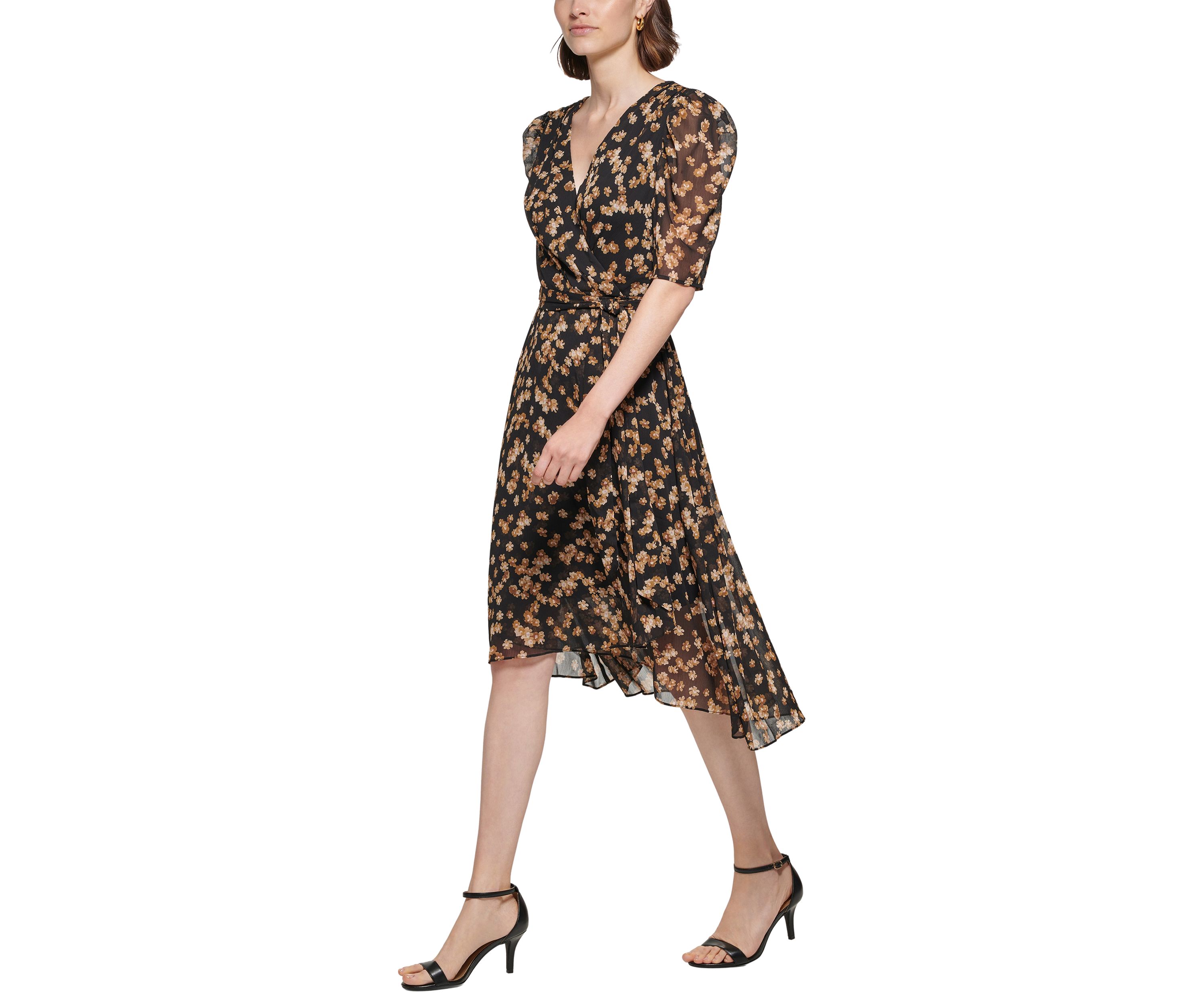 Womens Puff Sleeve Floral Chiffon Fit and Flare Dress