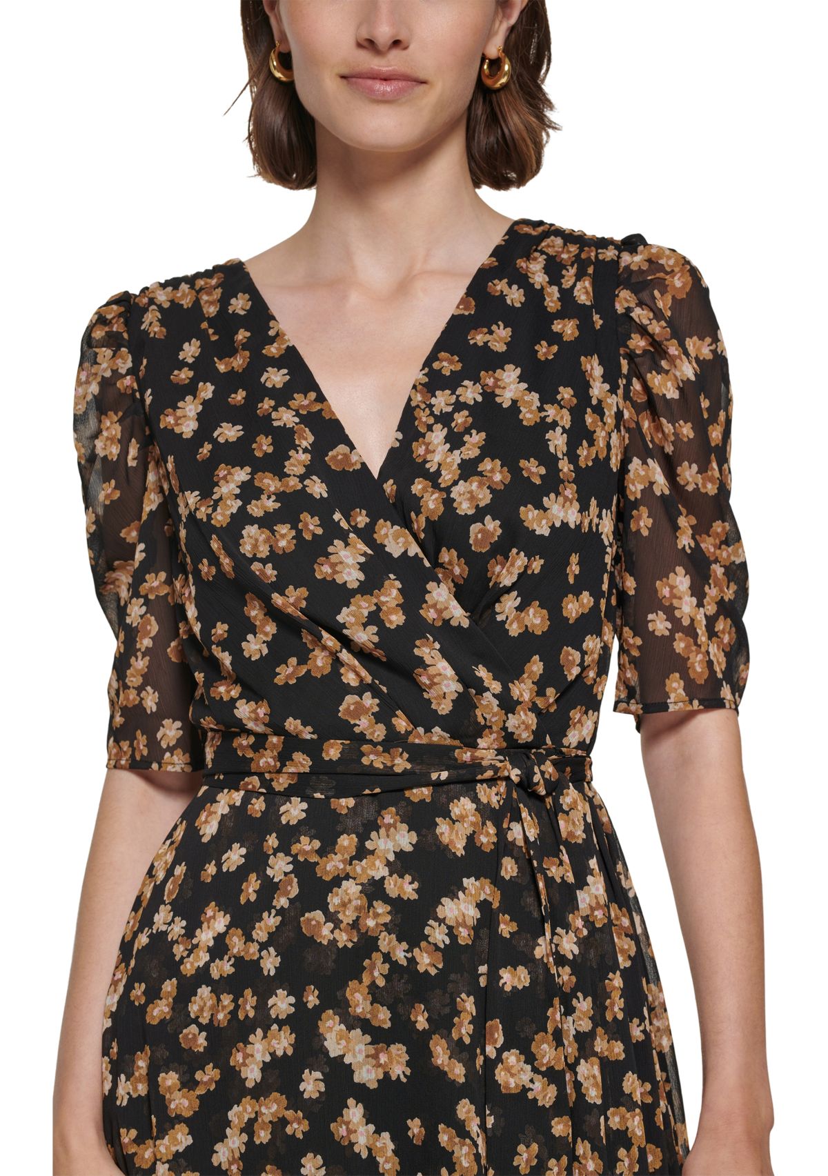 Womens Puff Sleeve Floral Chiffon Fit and Flare Dress