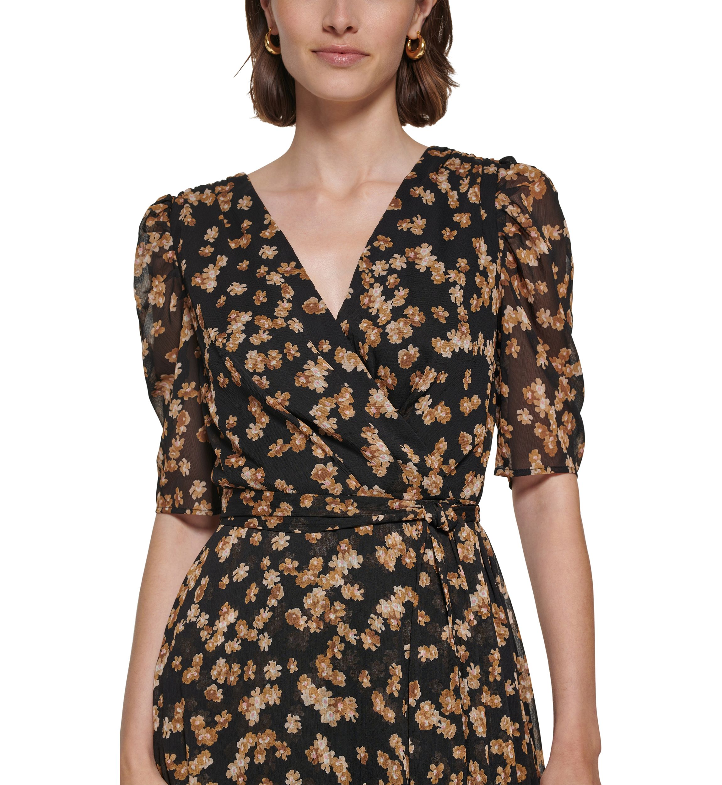 Womens Puff Sleeve Floral Chiffon Fit and Flare Dress