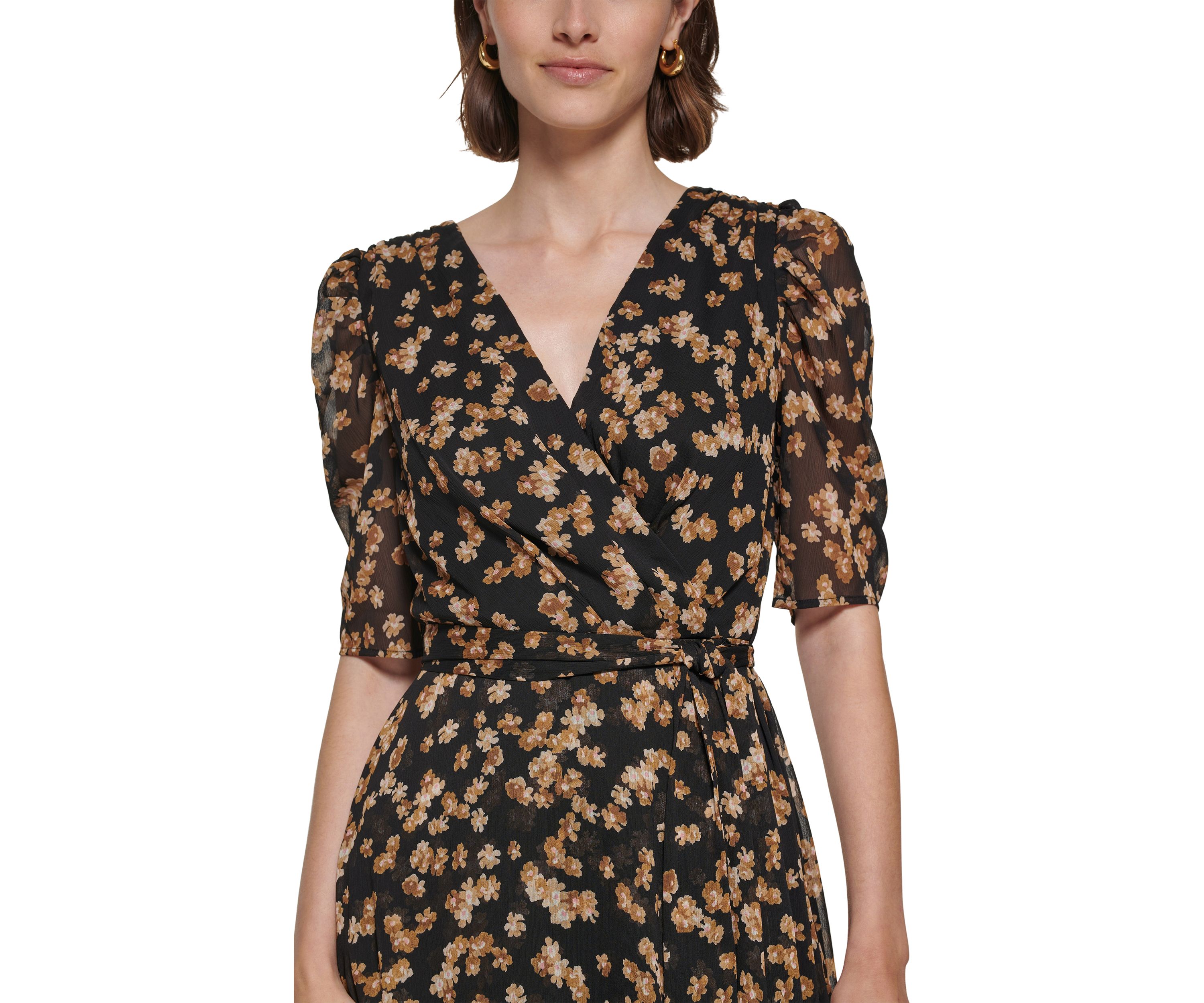 Womens Puff Sleeve Floral Chiffon Fit and Flare Dress