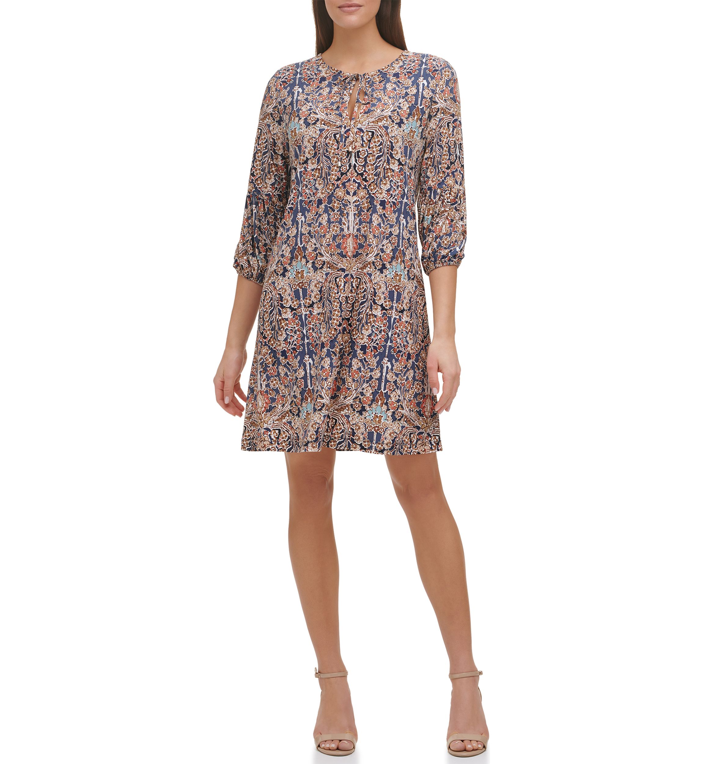 Womens 3/4 Puff Sleeve Keyhole Neck Floral Pleated Dress