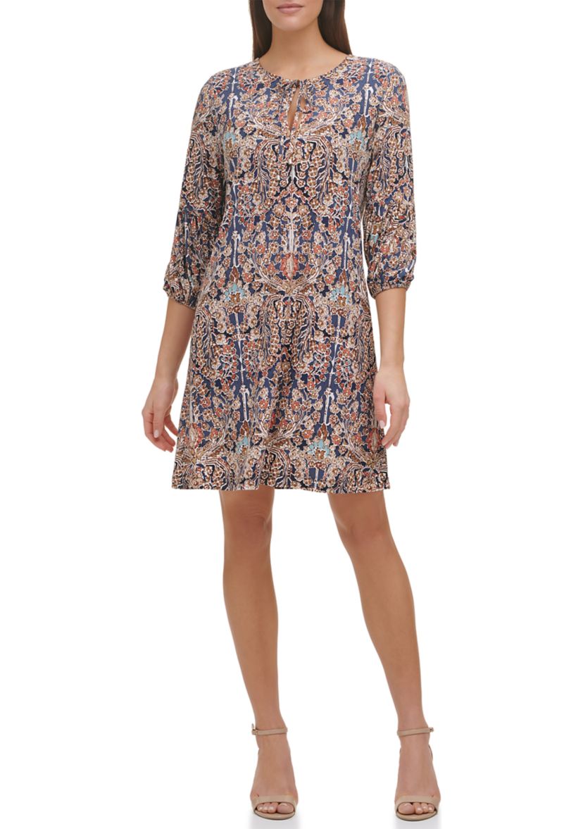 Womens 3/4 Puff Sleeve Keyhole Neck Floral Pleated Dress