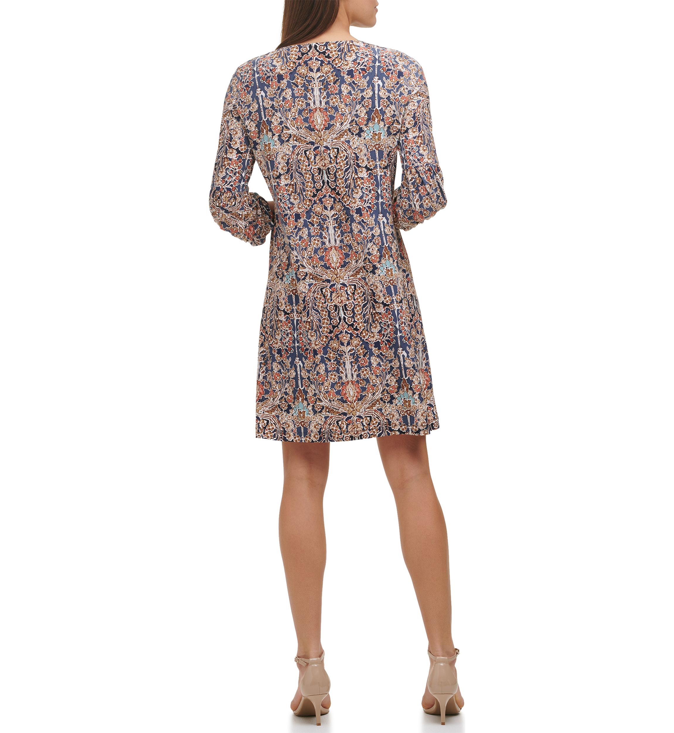 Womens 3/4 Puff Sleeve Keyhole Neck Floral Pleated Dress