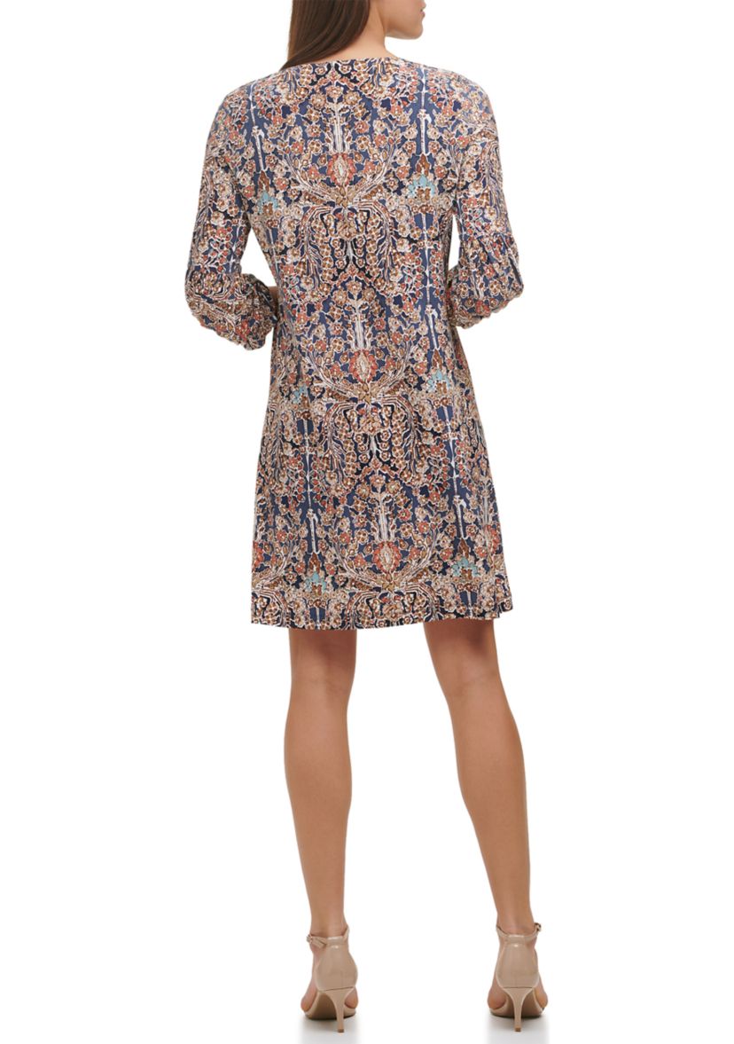 Womens 3/4 Puff Sleeve Keyhole Neck Floral Pleated Dress